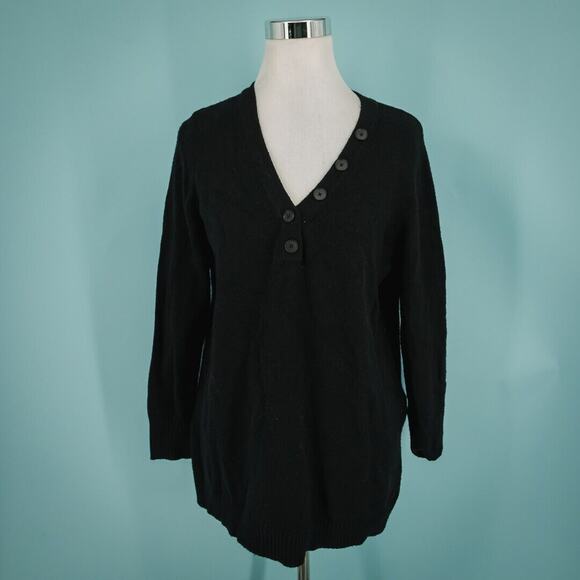 By Anthropologie Size Medium M Sweater Black Serena V Neck Button Long Sleeve - Picture 1 of 8